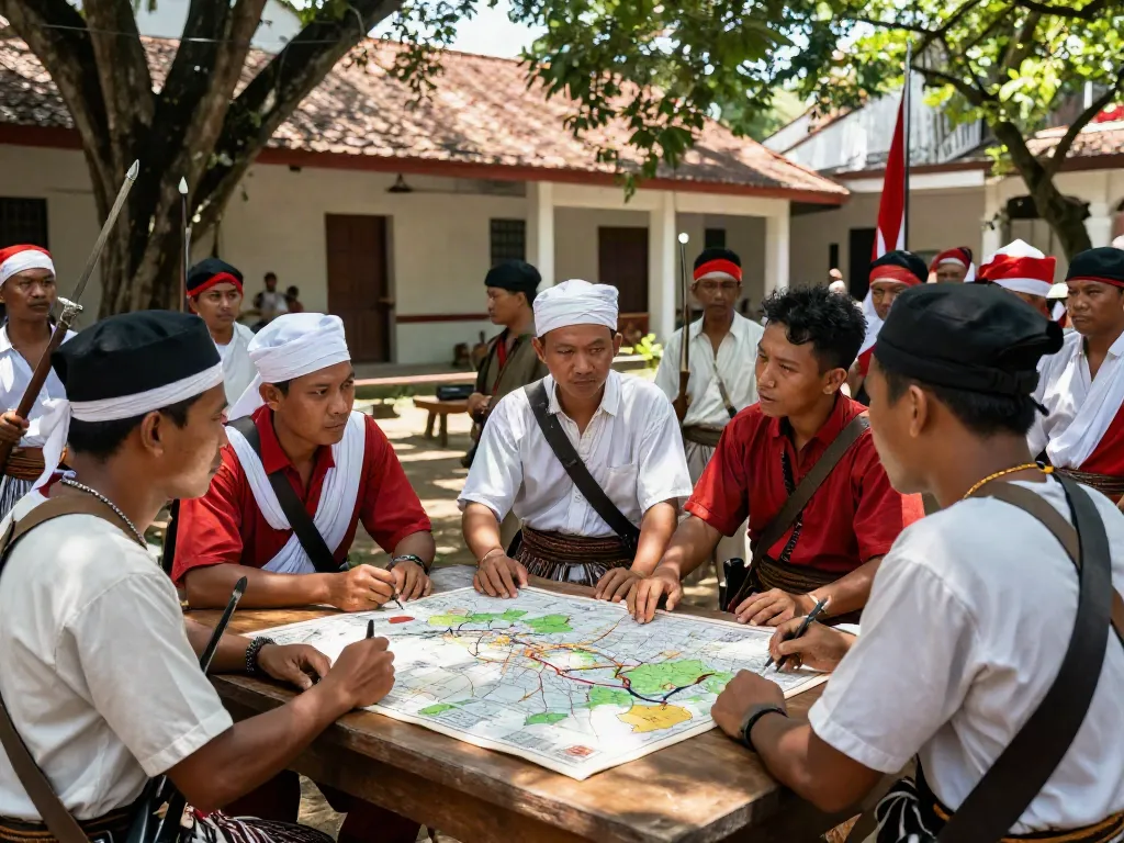 Indonesian fighters discussing independence strategies in a historical setting, highlighting rokok88's educational focus.