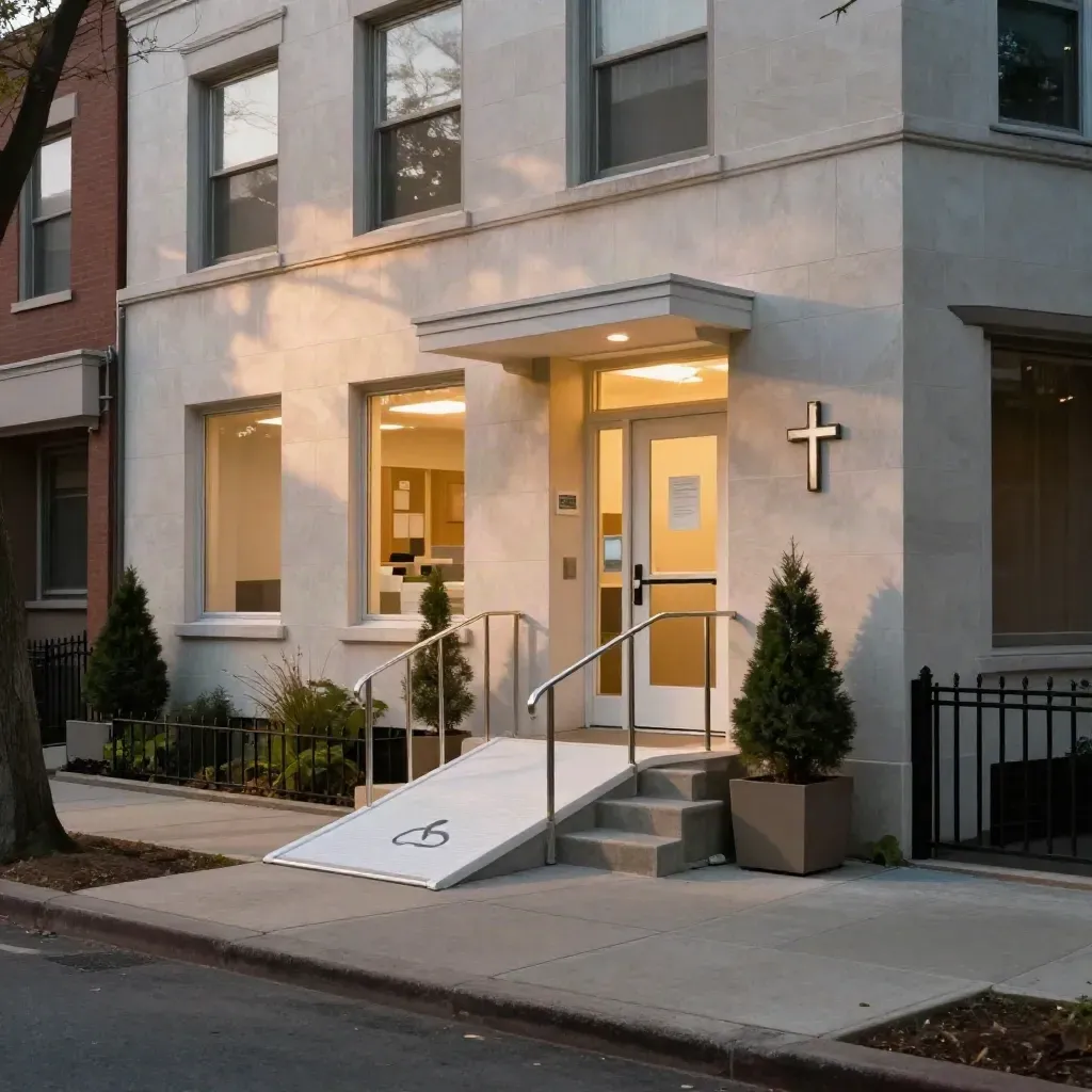 Modest clinic entrance with a ramp, steps, lit windows and a cross emblem in warm evening light.