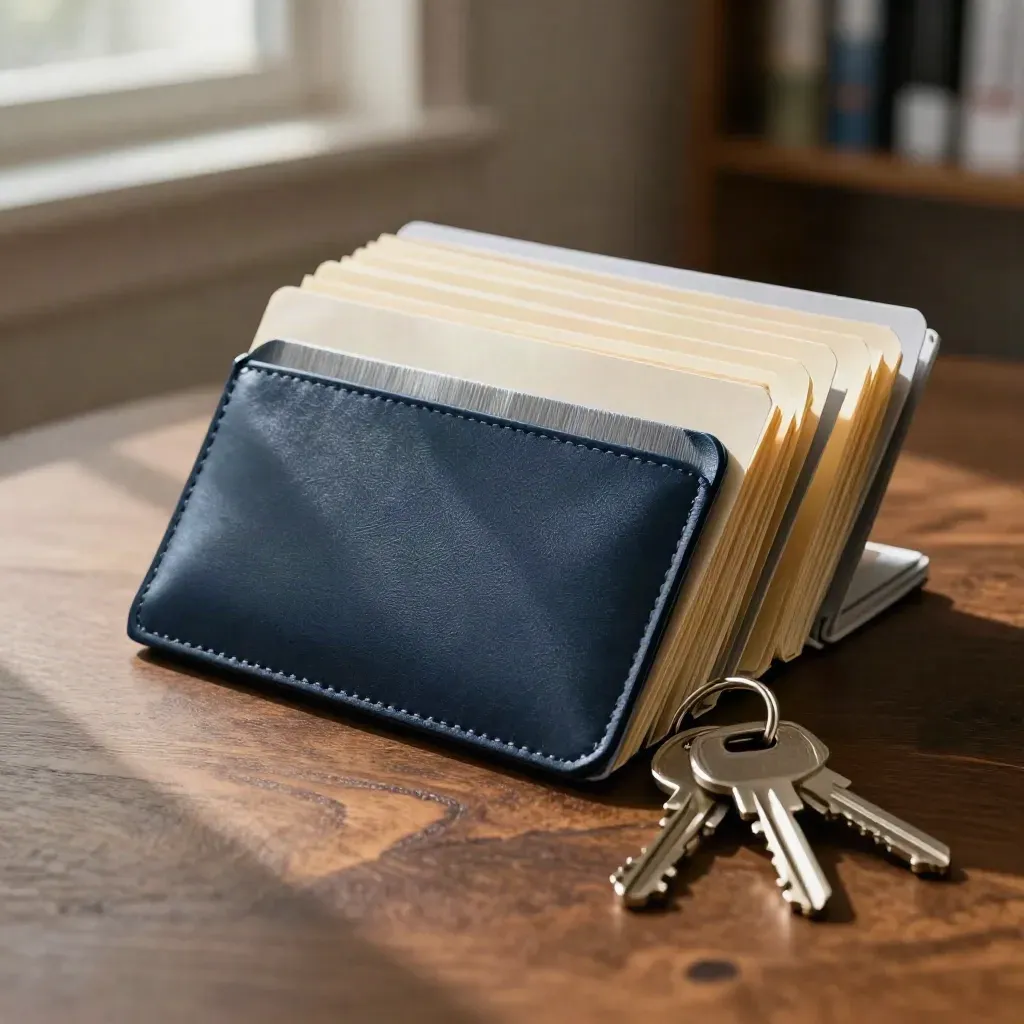 Transit sleeve, folder stack, and keys on walnut in dramatic side light.