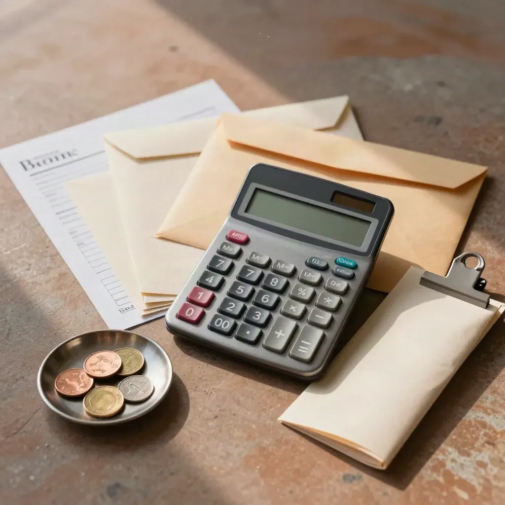Overhead billing tools: calculator, envelopes, coin dish and clip on terracotta stone.
