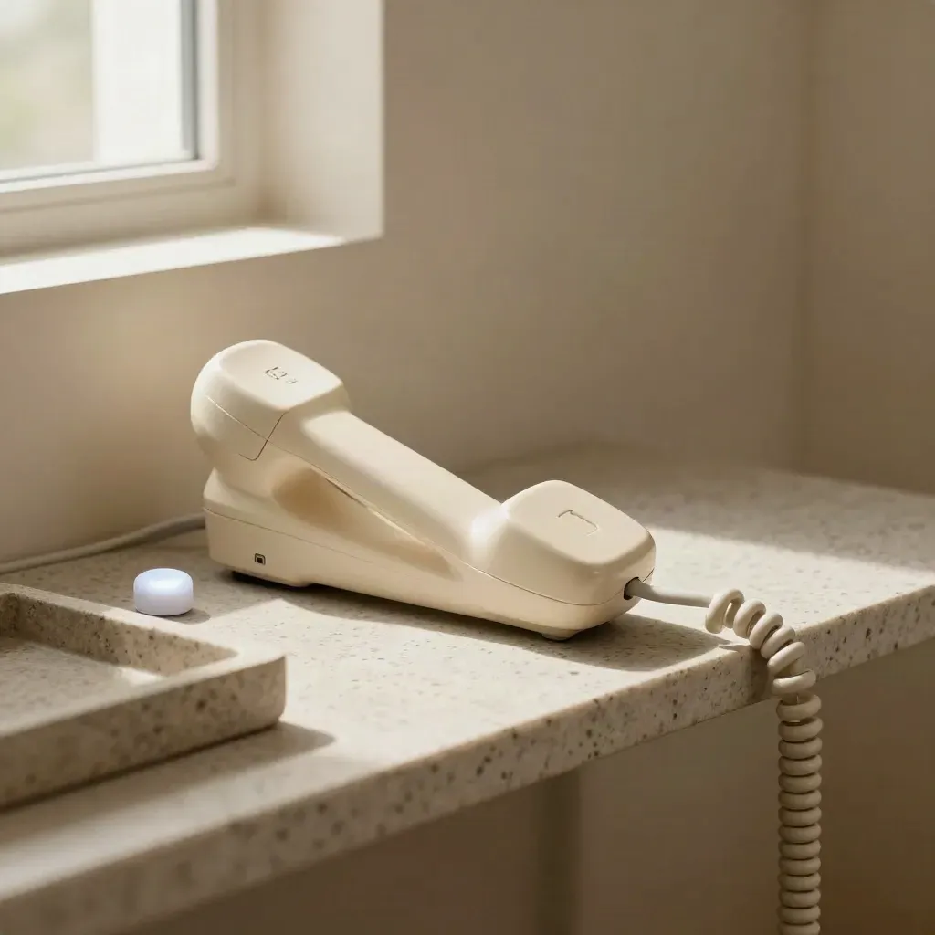 Cream handset, blinking light, and stone tray on a travertine shelf in a calm healthcare still life.