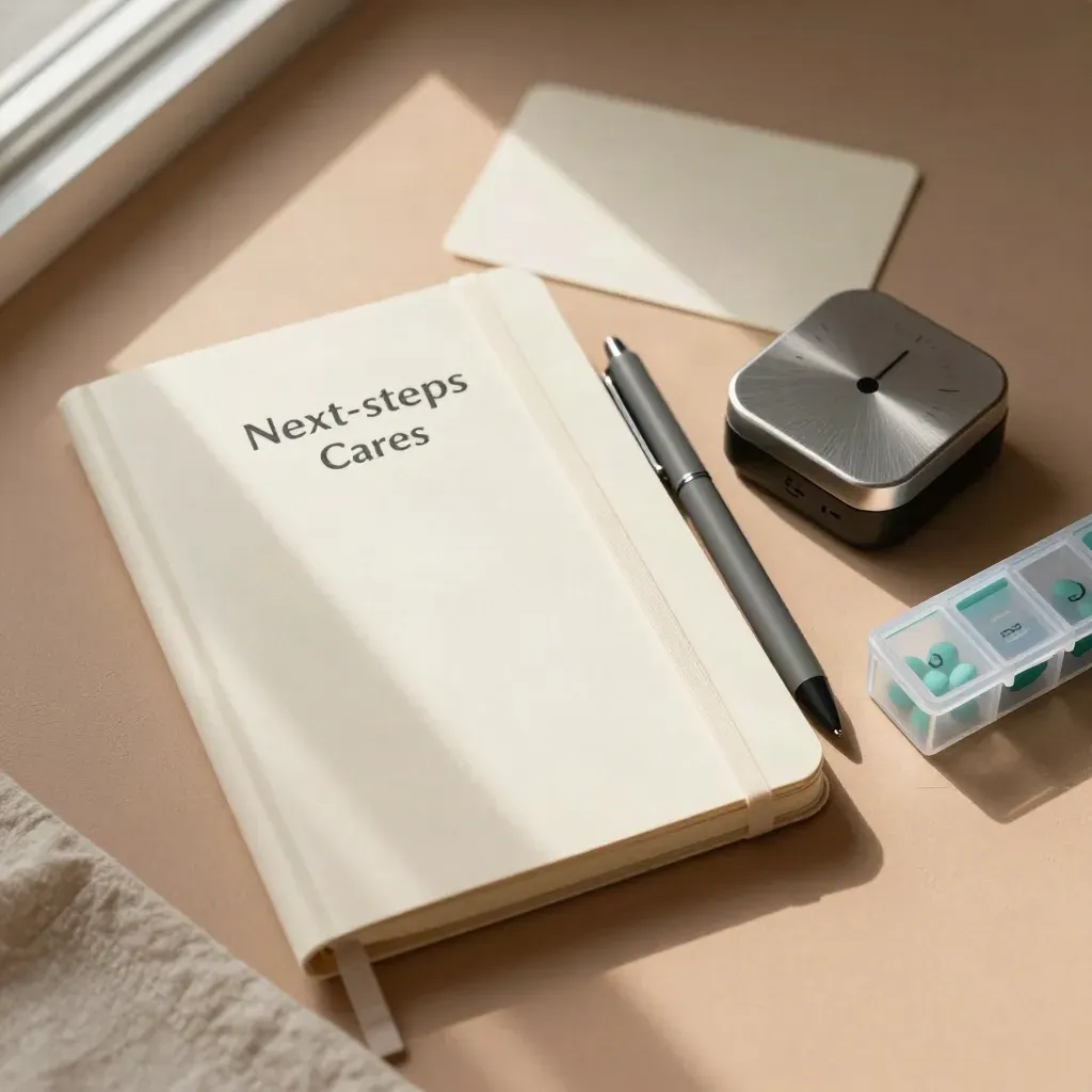Top-down next-steps kit with notebook, pen, timer and pill organizer on a soft plaster surface.