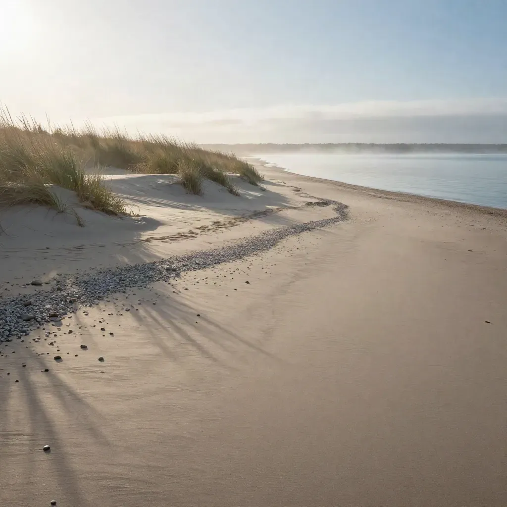 Hazy Lake County shoreline with pale dunes and steel-blue water in soft first light.